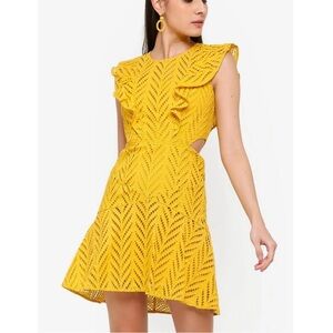 Sz 6 BARDOT Kira Frill Cut Out Eyelet Sleeveless Mini Dress in Mustard Yellow